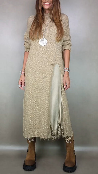 FABIOLA | Conjunto de Vestido Lencero de Encaje y Jersey Largo con Aberturas