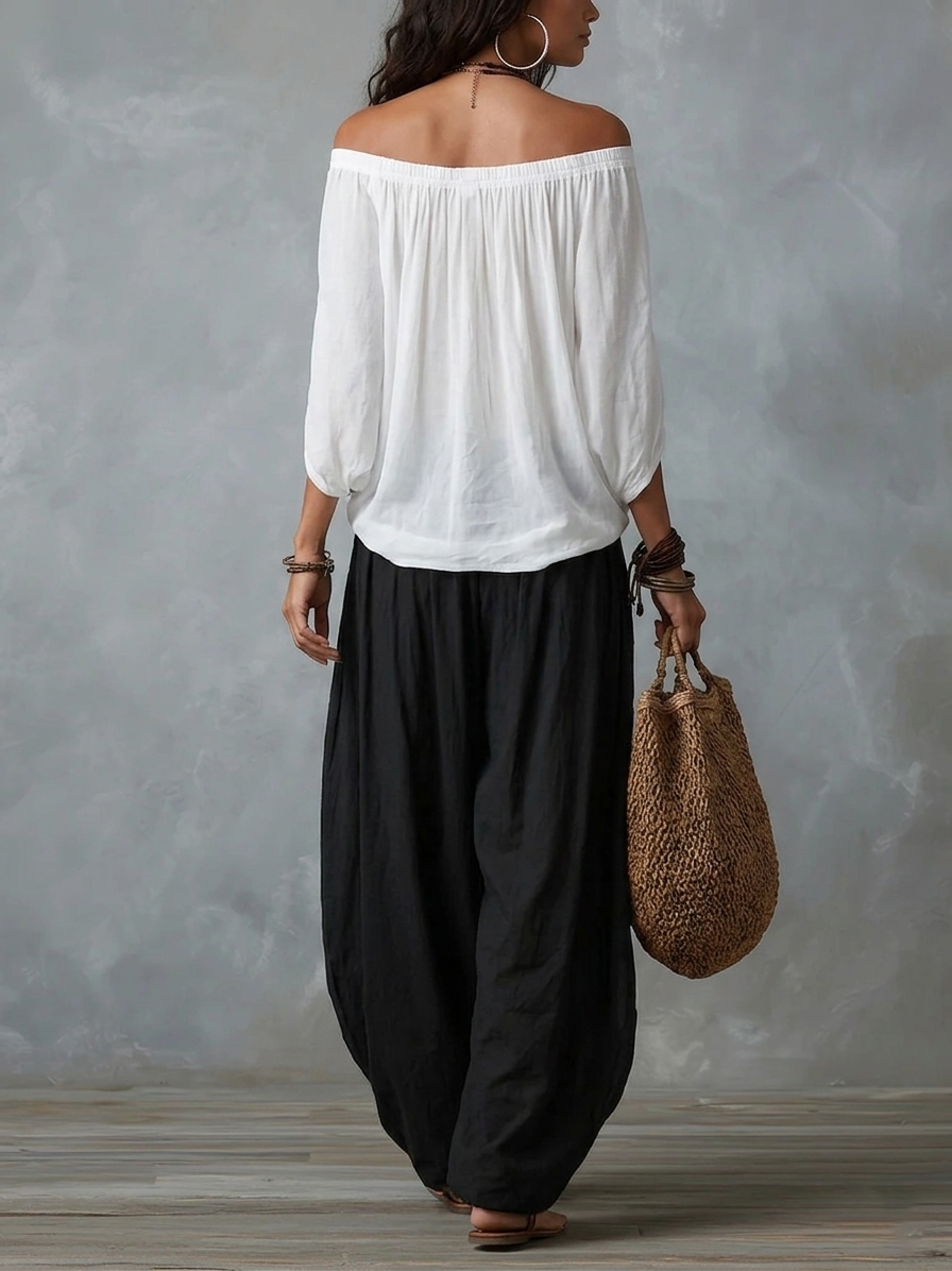 CRUZ | Conjunto de Top de Hombros Descubiertos y Pantalón Farol