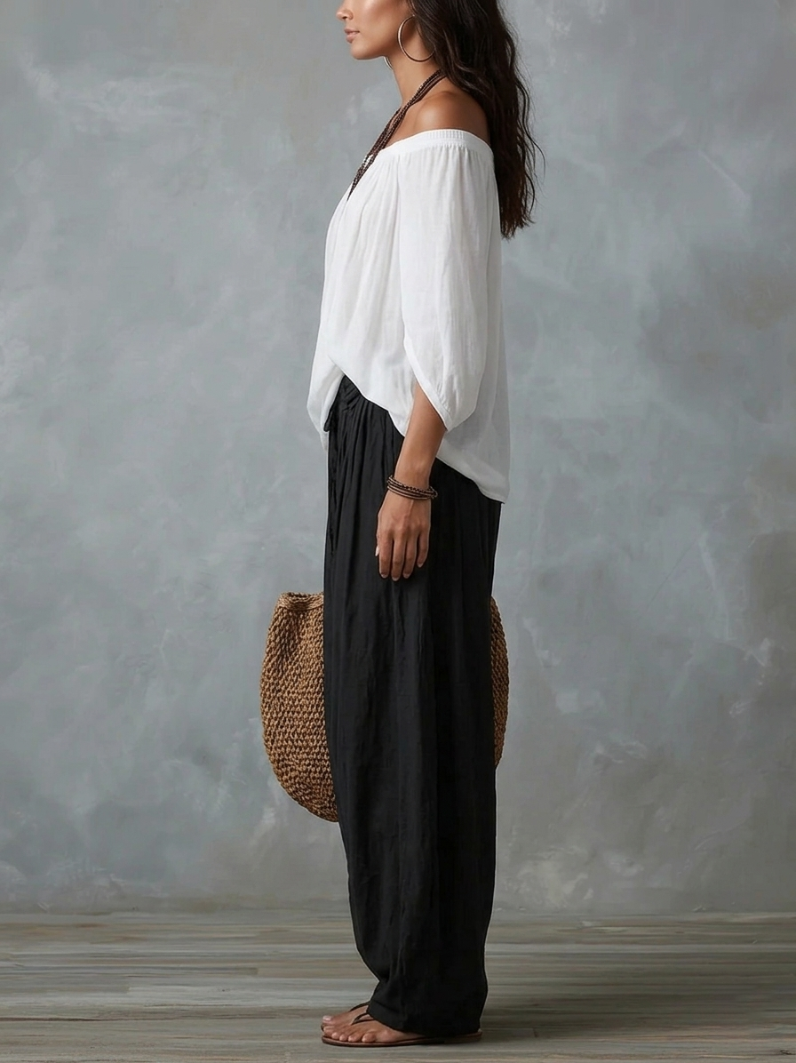 CRUZ | Conjunto de Top de Hombros Descubiertos y Pantalón Farol