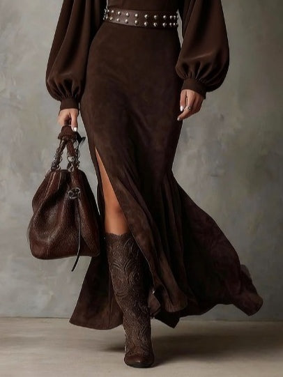 CATALINA | Vestido Midi Vintage de Antelina con Mangas Farol
