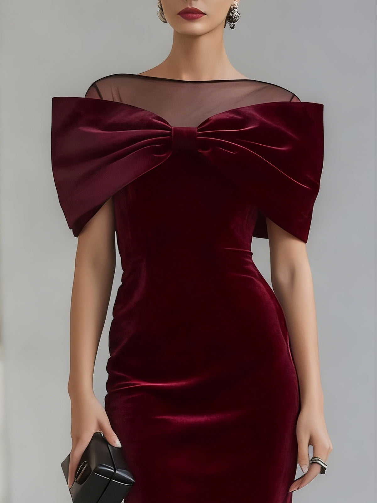 UXUE | Vestido Midi de Terciopelo con Gran Lazo y Escote de Tul