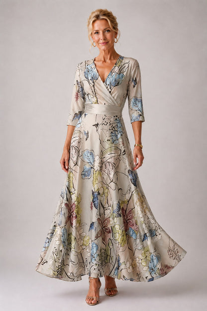 LUCILA | Vestido Floral con Mangas 3/4 y Escote Corazón