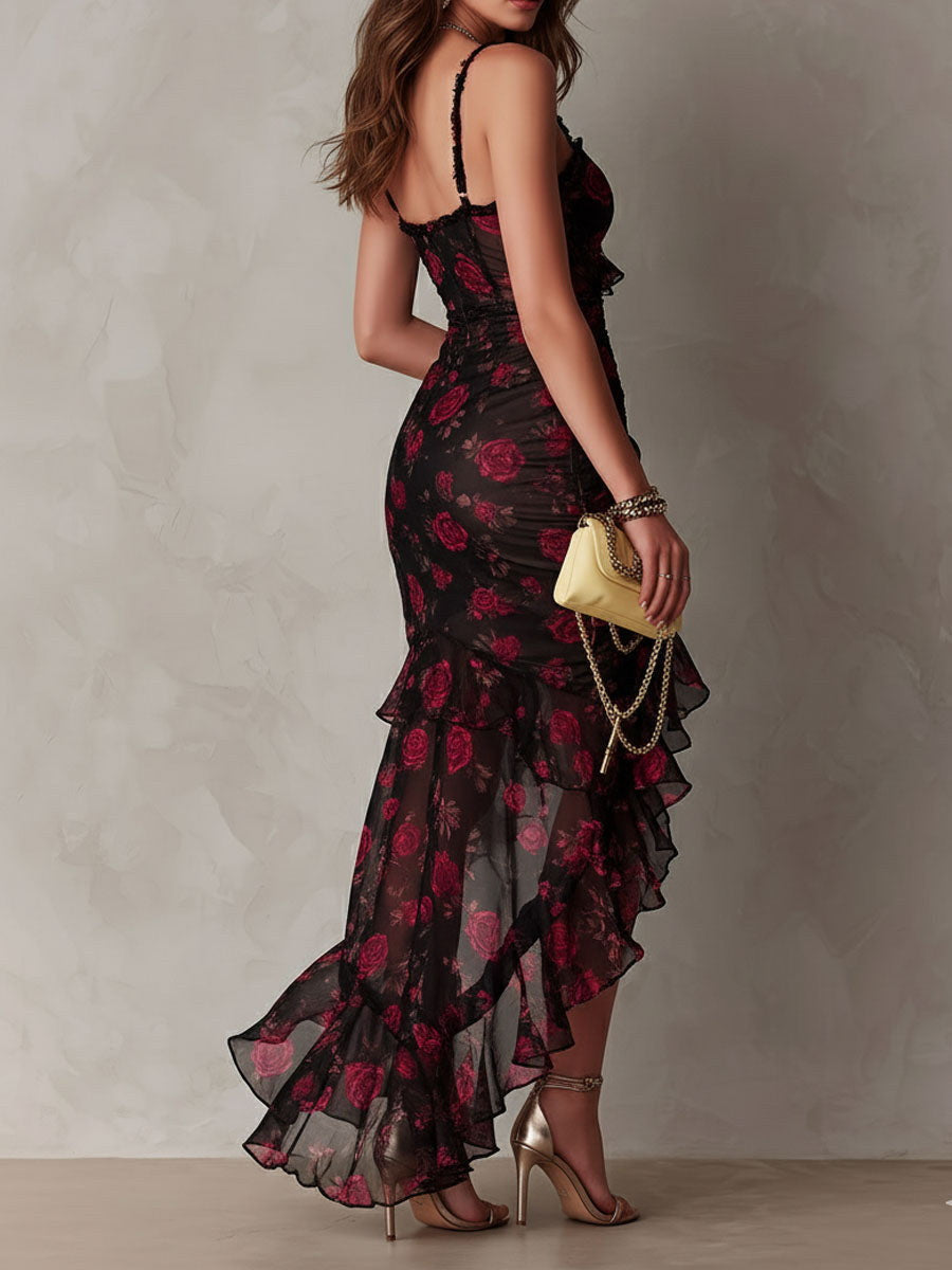 LUZ | Vestido Midi Floral con Encaje y Volantes