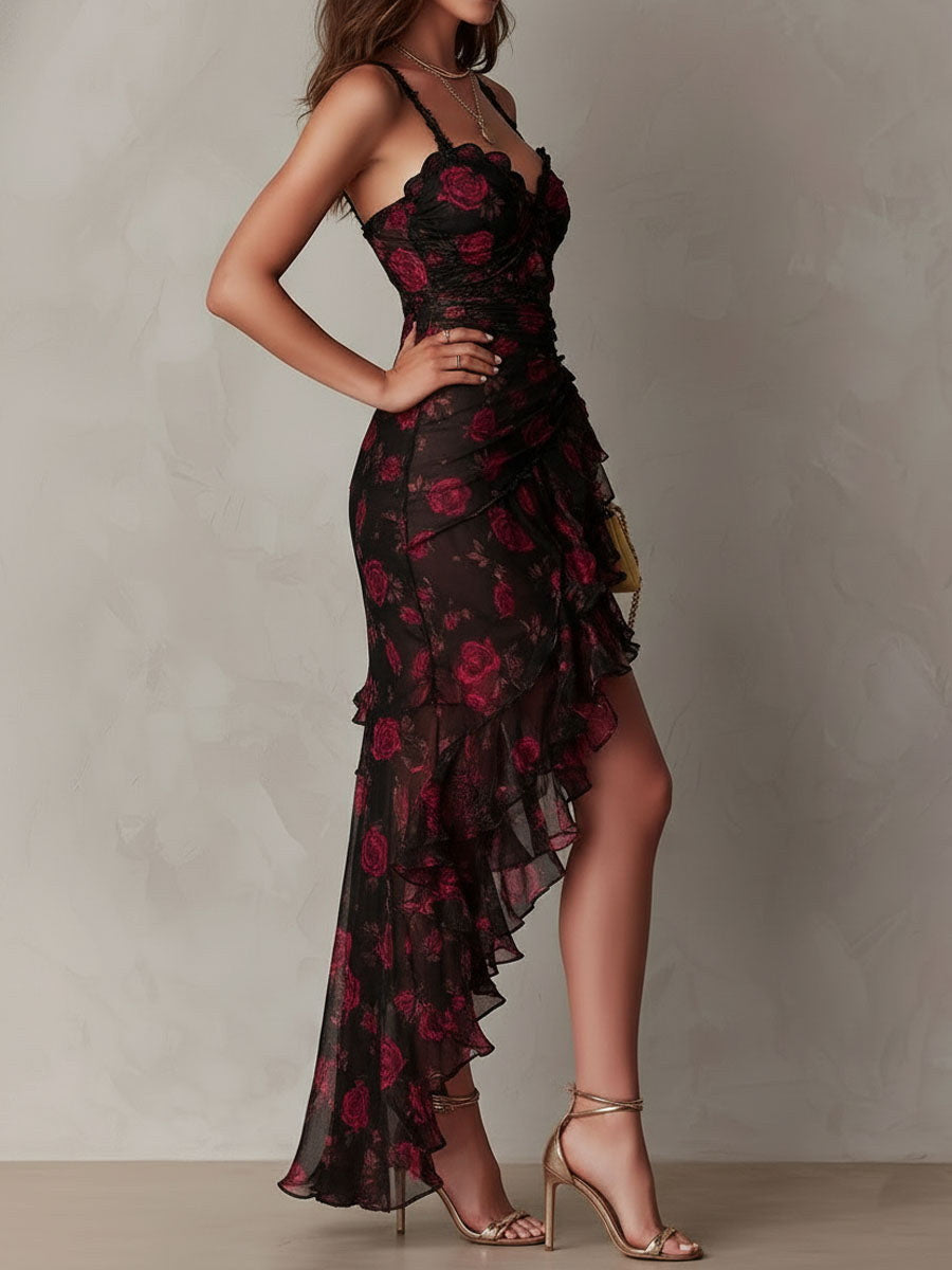 LUZ | Vestido Midi Floral con Encaje y Volantes