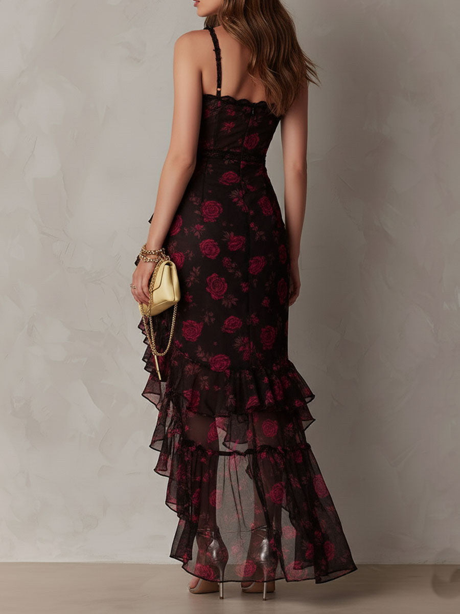 LUZ | Vestido Midi Floral con Encaje y Volantes