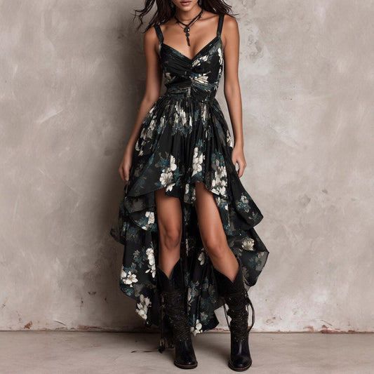 KATIA | Vestido Floral de Tirantes con Bajo Asimétrico