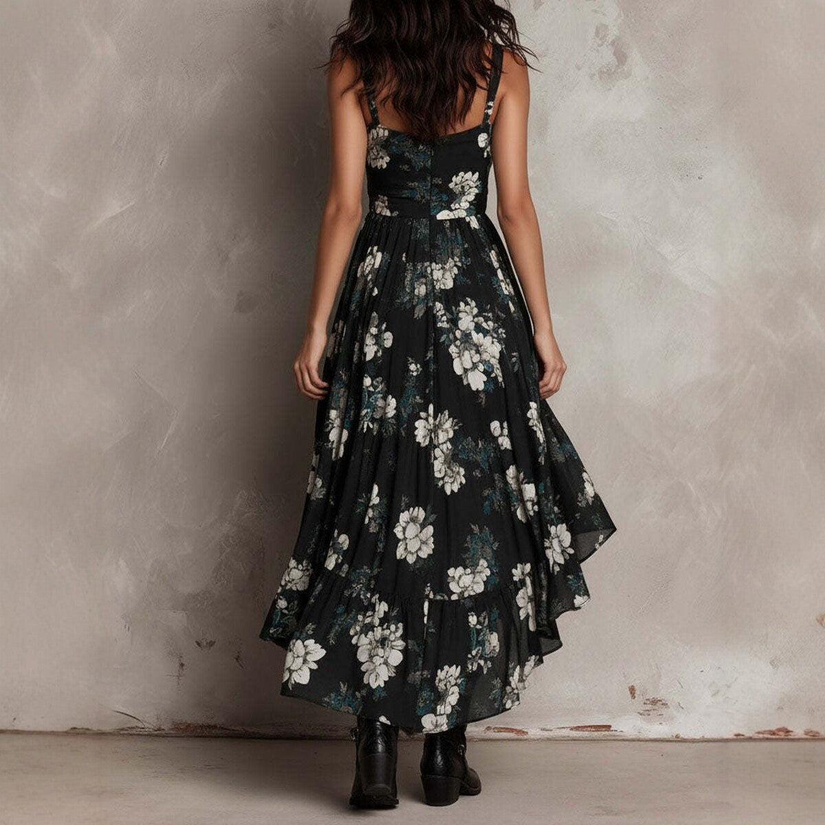 KATIA | Vestido Floral de Tirantes con Bajo Asimétrico