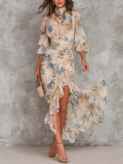 INMACULADA | Vestido Largo de Muselina Estampada con Cuello Mao