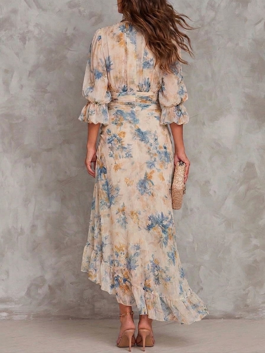 INMACULADA | Vestido Largo de Muselina Estampada con Cuello Mao
