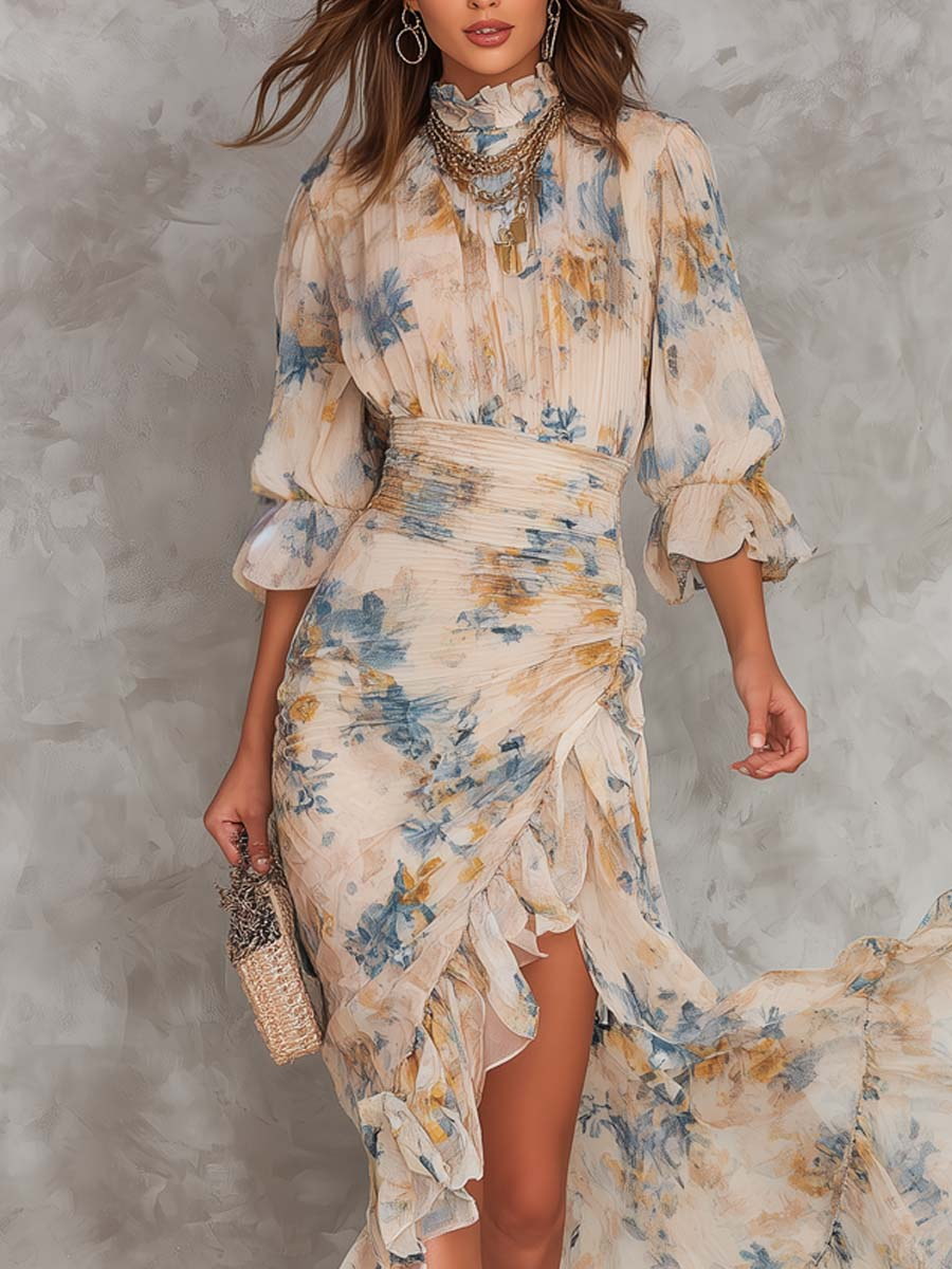 INMACULADA | Vestido Largo de Muselina Estampada con Cuello Mao