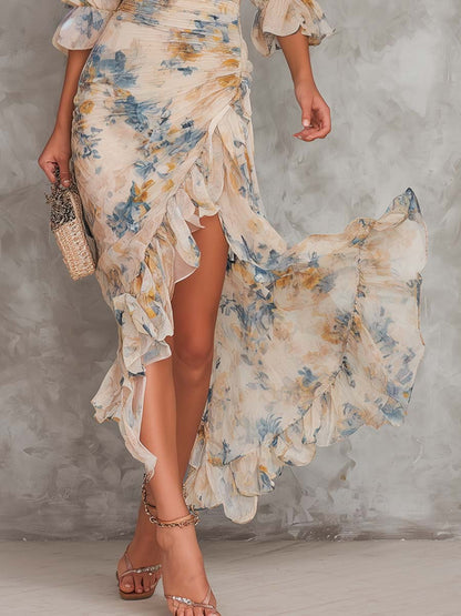 INMACULADA | Vestido Largo de Muselina Estampada con Cuello Mao