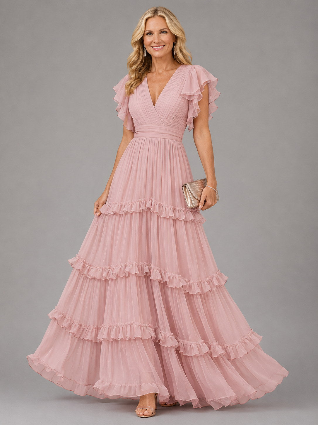 LOLA | Vestido Largo de Capas Rosa Empolvado