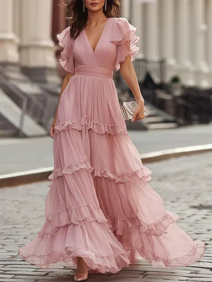 LOLA | Vestido Largo de Capas Rosa Empolvado