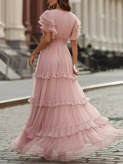 LOLA | Vestido Largo de Capas Rosa Empolvado