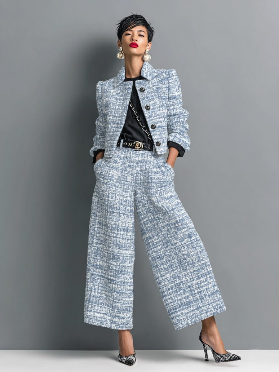 NAHIA | Conjunto de Chaqueta Corta Efecto Tweed y Pantalón Ancho