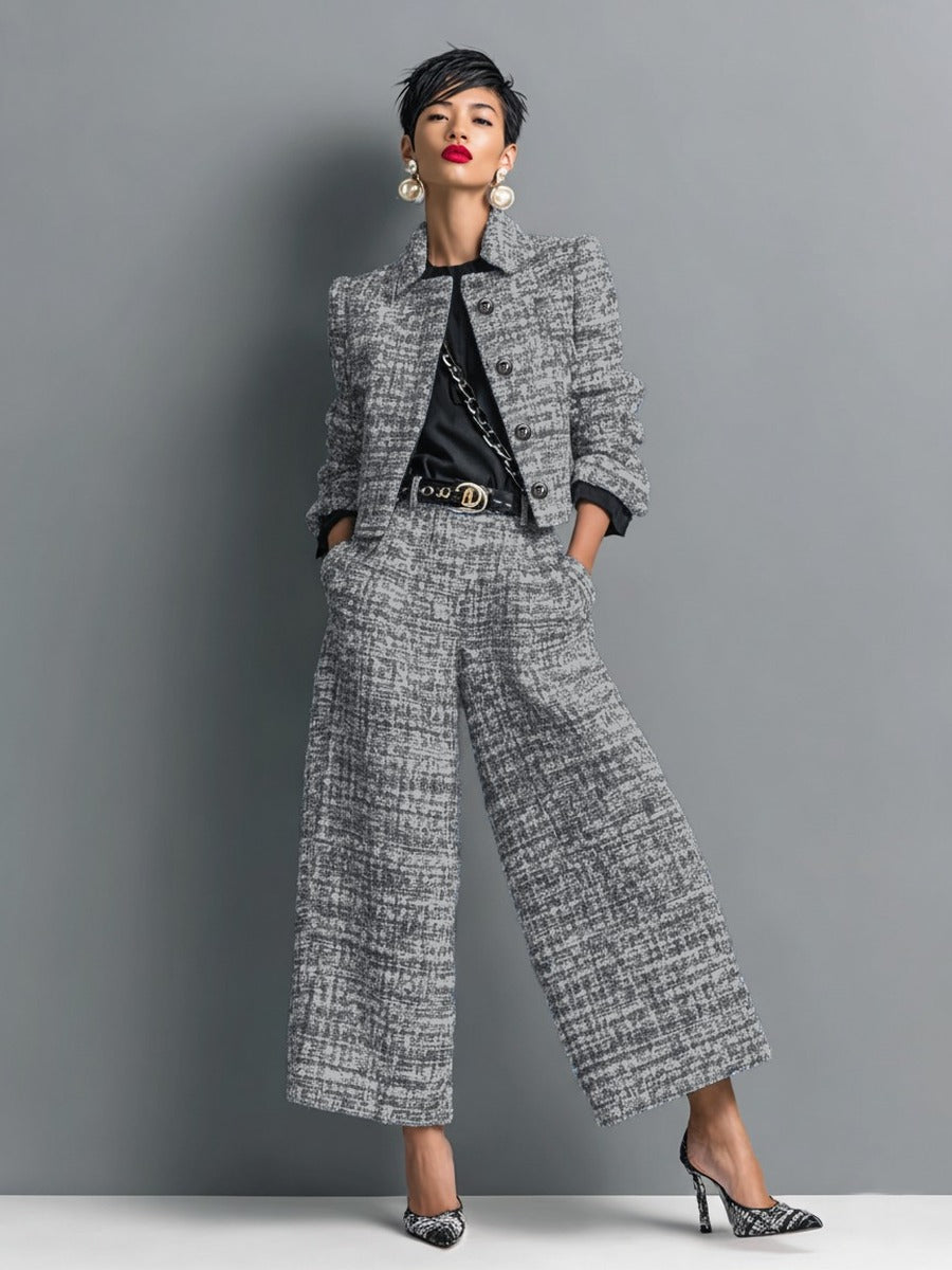 NAHIA | Conjunto de Chaqueta Corta Efecto Tweed y Pantalón Ancho