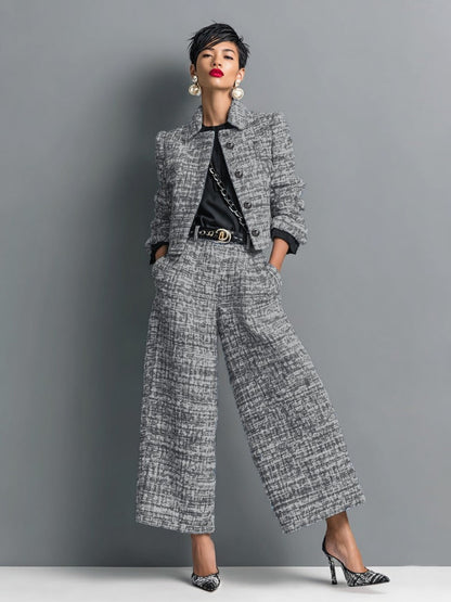 NAHIA | Conjunto de Chaqueta Corta Efecto Tweed y Pantalón Ancho