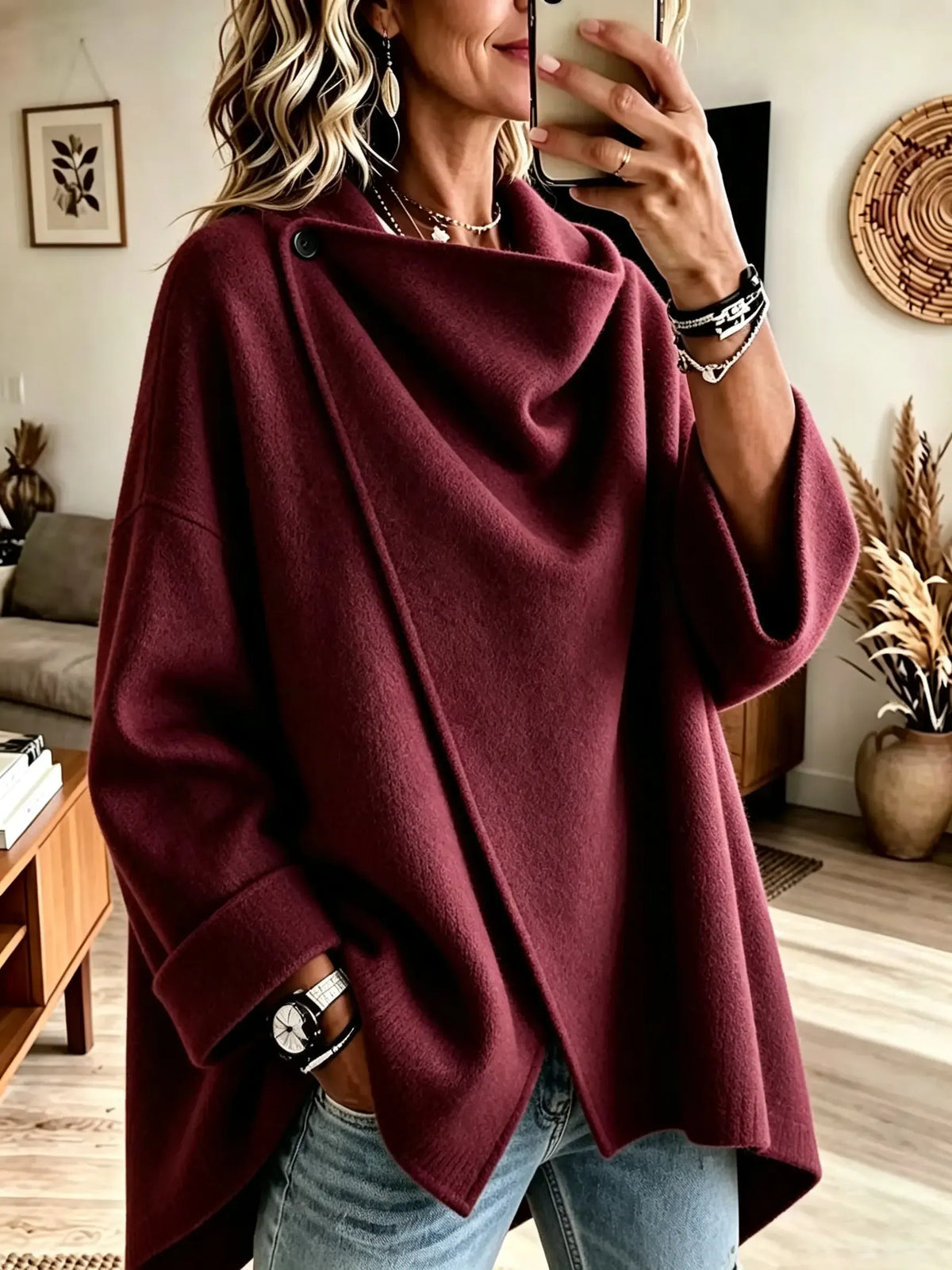 GIMENA | Jersey Poncho Asimétrico con Cuello Drapeado y Botón