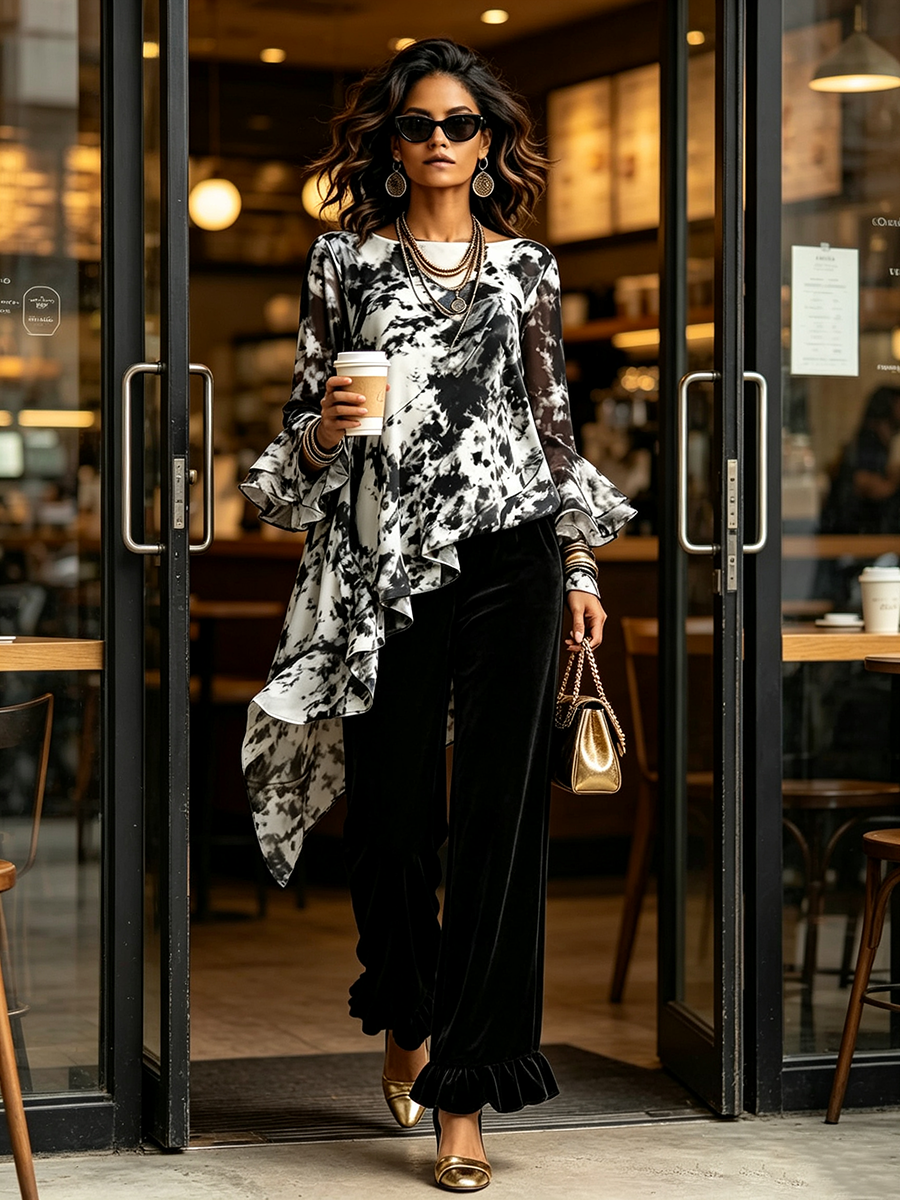 NIEVES | Conjunto de Túnica Asimétrica Tie-Dye y Pantalón con Volante