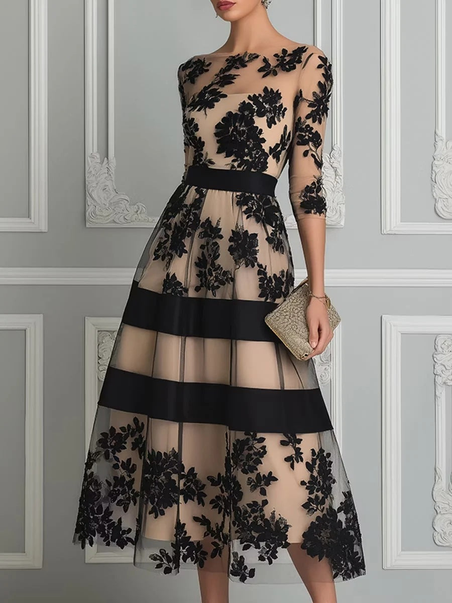LOREA | Vestido Midi de Noche de Encaje Floral y Tul