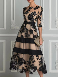 LOREA | Vestido Midi de Noche de Encaje Floral y Tul