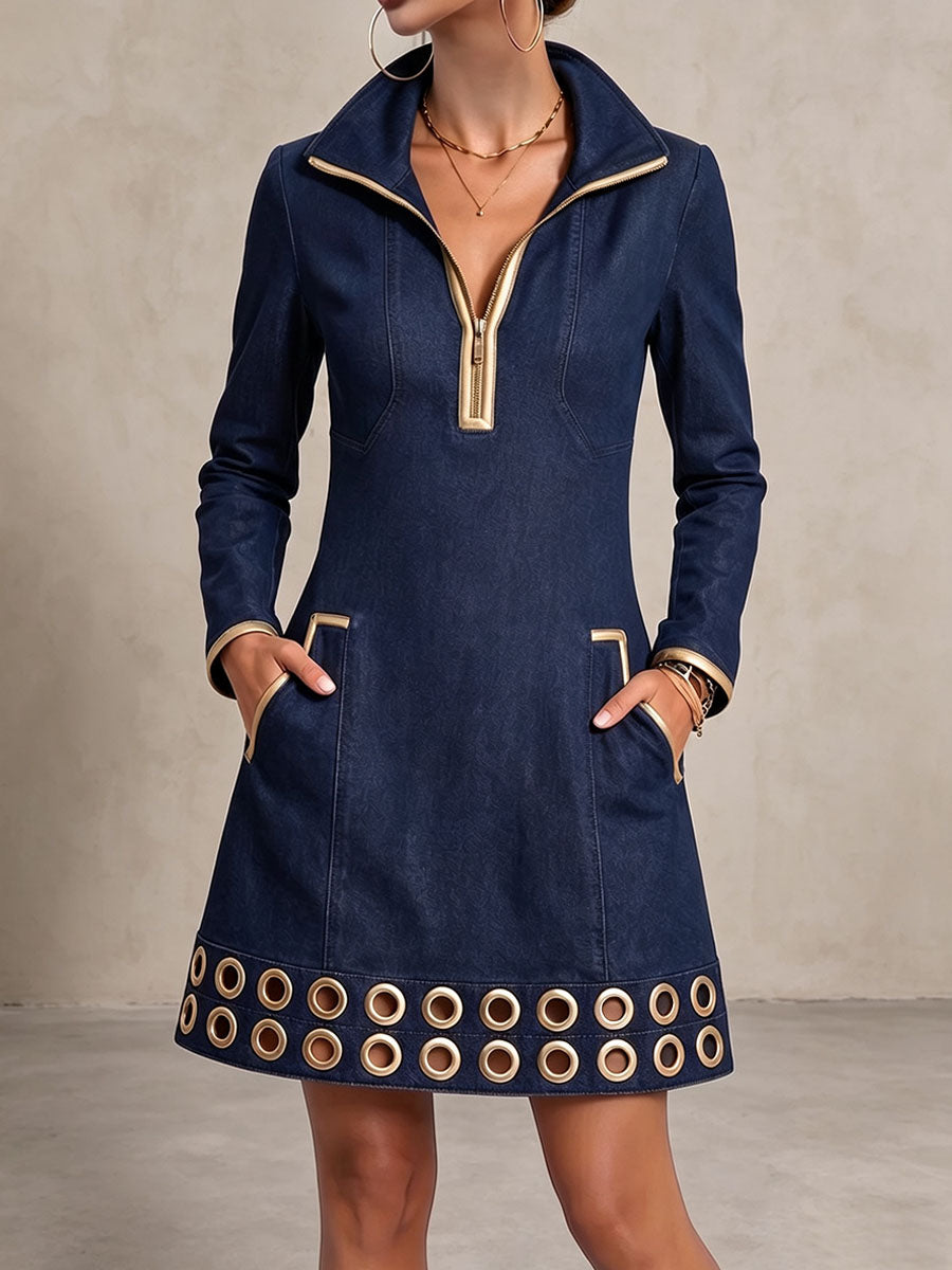 JULIANA | Vestido Vaquero Azul Marino con Ribetes Dorados y Ojales
