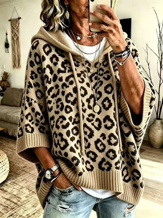 JUANA | Sudadera de Punto de Leopardo con Capucha y Escote en V