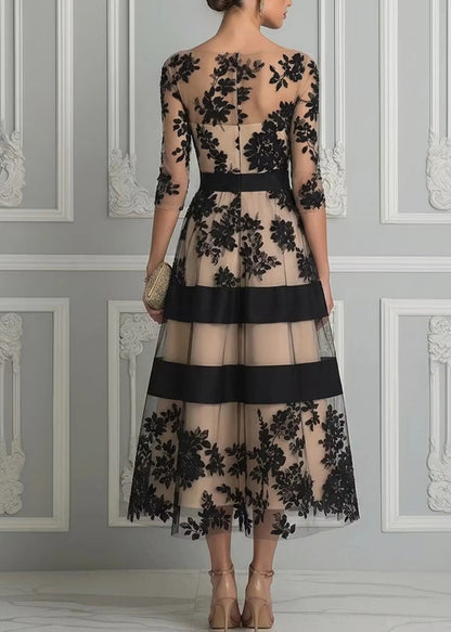 LOREA | Vestido Midi de Noche de Encaje Floral y Tul