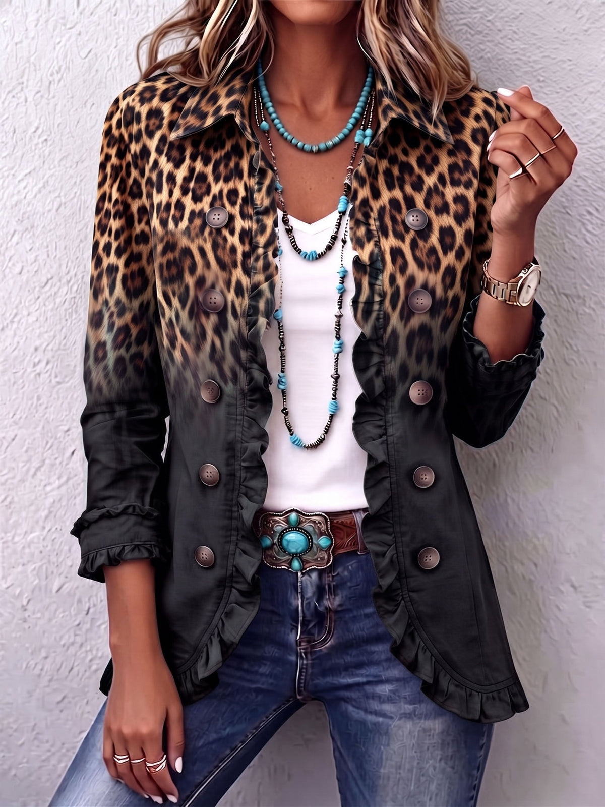 IMELDA | Blazer Cruzado de Leopardo Degradado con Volantes