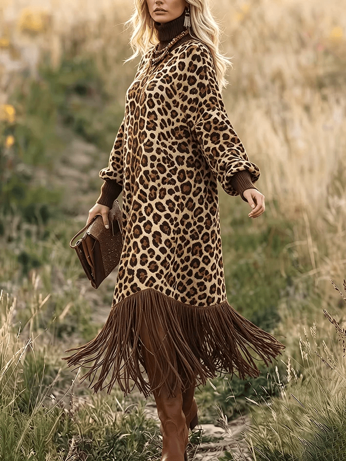 ANASTASIA | Vestido Midi de Leopardo con Cuello Alto y Bajo de Flecos
