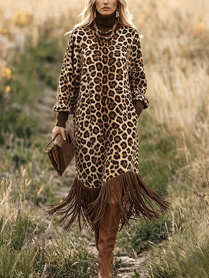 ANASTASIA | Vestido Midi de Leopardo con Cuello Alto y Bajo de Flecos