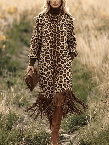 ANASTASIA | Vestido Midi de Leopardo con Cuello Alto y Bajo de Flecos