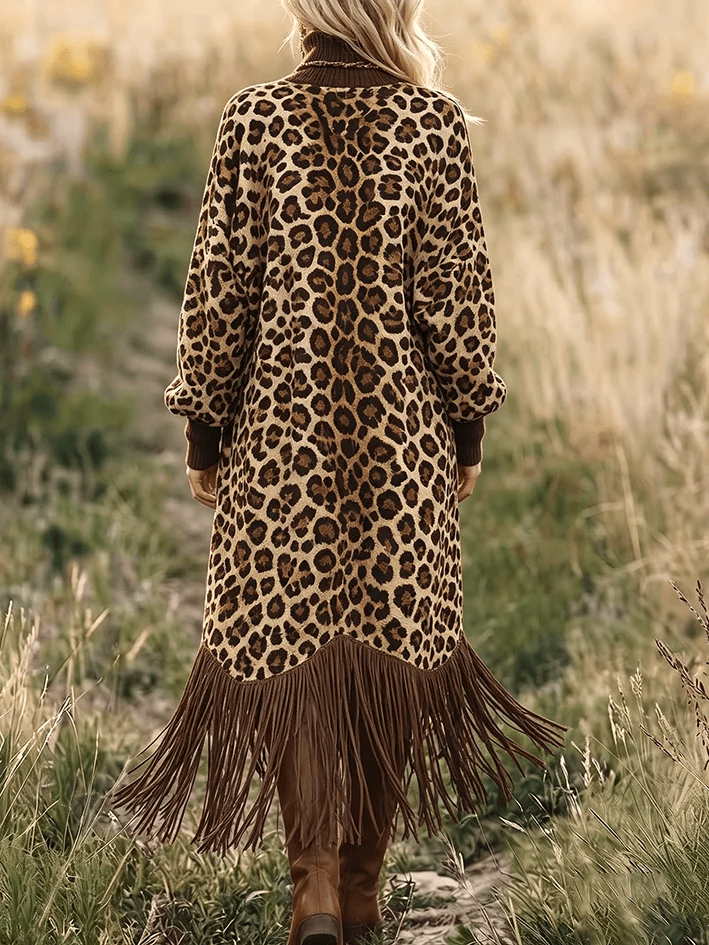 ANASTASIA | Vestido Midi de Leopardo con Cuello Alto y Bajo de Flecos