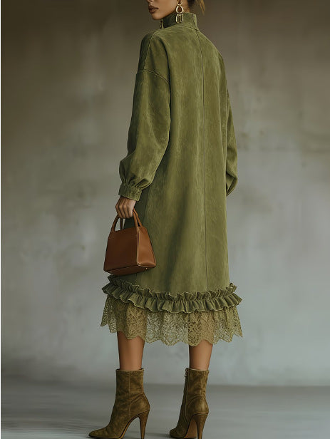 MARGARITA | Vestido Midi Efecto Ante con Volantes y Bajo de Encaje