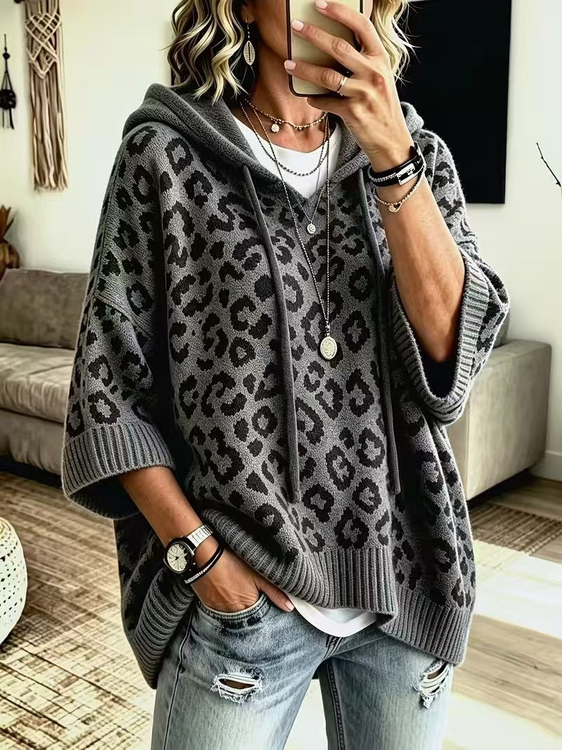 JUANA | Sudadera de Punto de Leopardo con Capucha y Escote en V