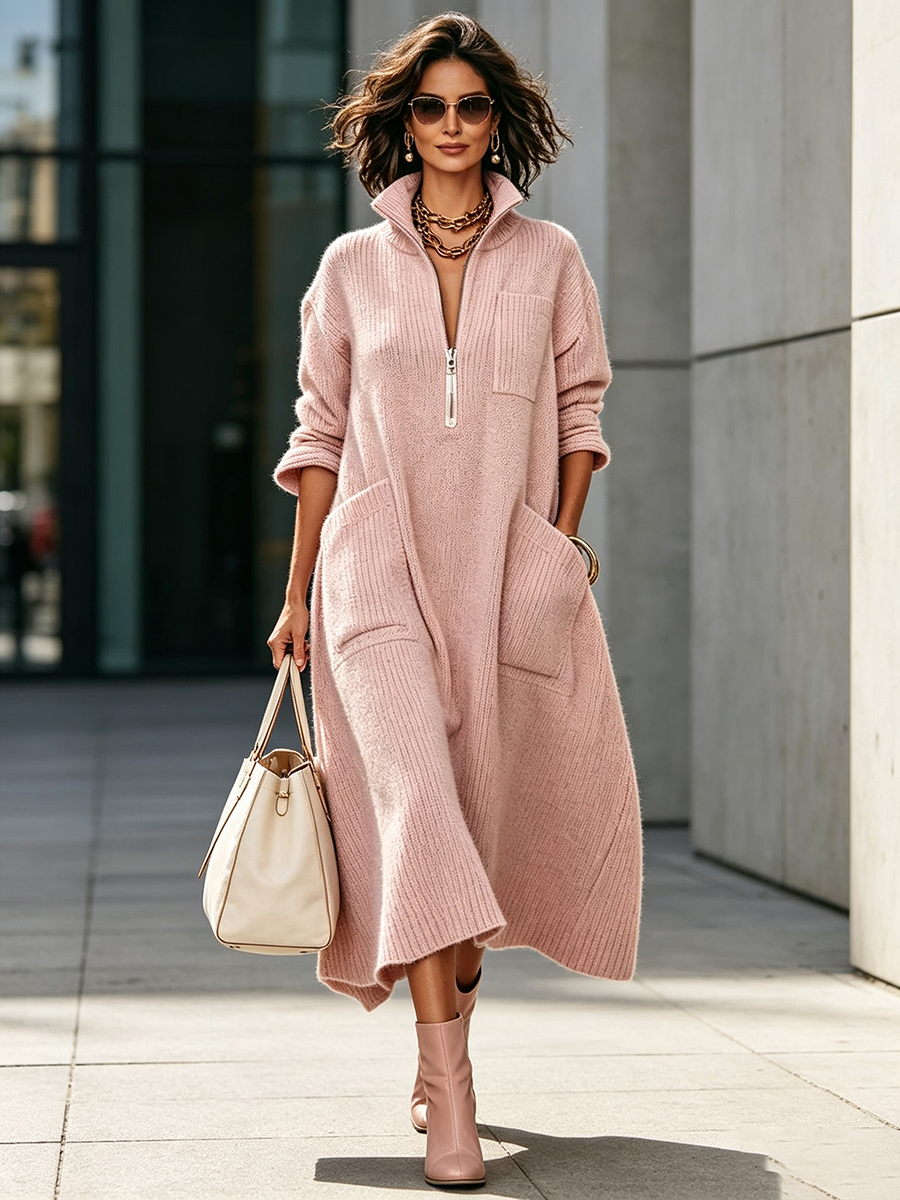 MILAGROS | Vestido Midi de Punto de Canalé con Cremallera y Cuello Alto