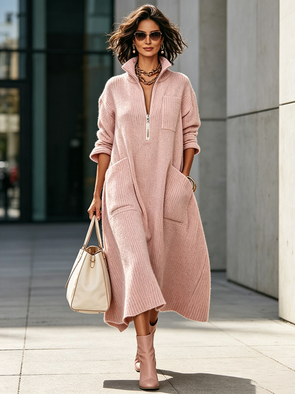 MILAGROS | Vestido Midi de Punto de Canalé con Cremallera y Cuello Alto