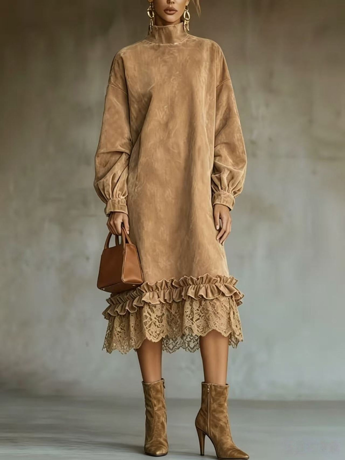 MARGARITA | Vestido Midi Efecto Ante con Volantes y Bajo de Encaje