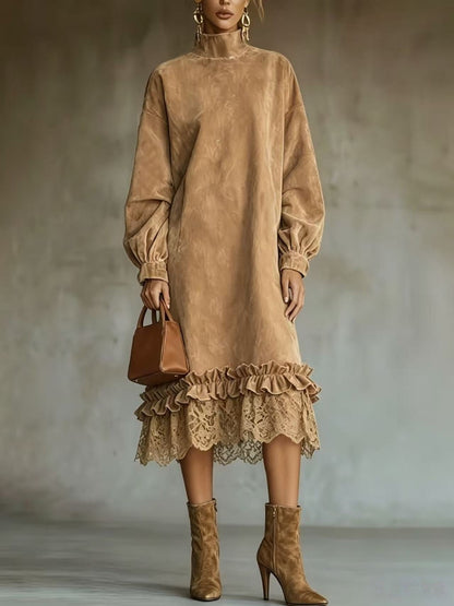 MARGARITA | Vestido Midi Efecto Ante con Volantes y Bajo de Encaje