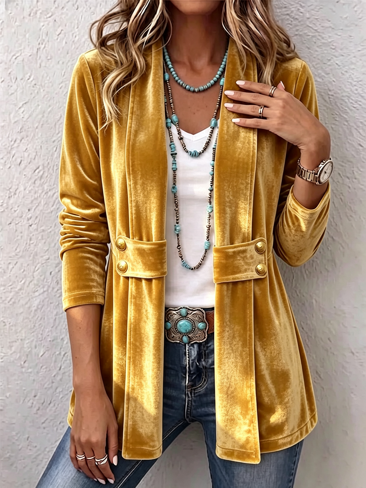 LINA | Chaqueta de Terciopelo Abierta con Solapas y Botones Decorativos