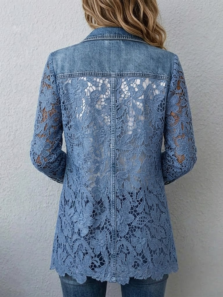 LEOCADIA | Blazer Vaquero Claro con Aplicaciones de Encaje Floral