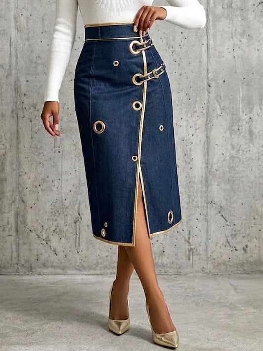 LUCINDA | Falda Midi Cruzada Vaquera con Ribetes Dorados