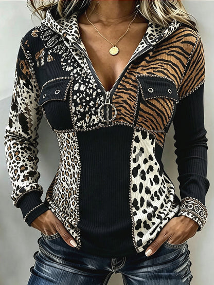 LUNA | Sudadera de Canalé con Capucha y Patchwork Animal Print