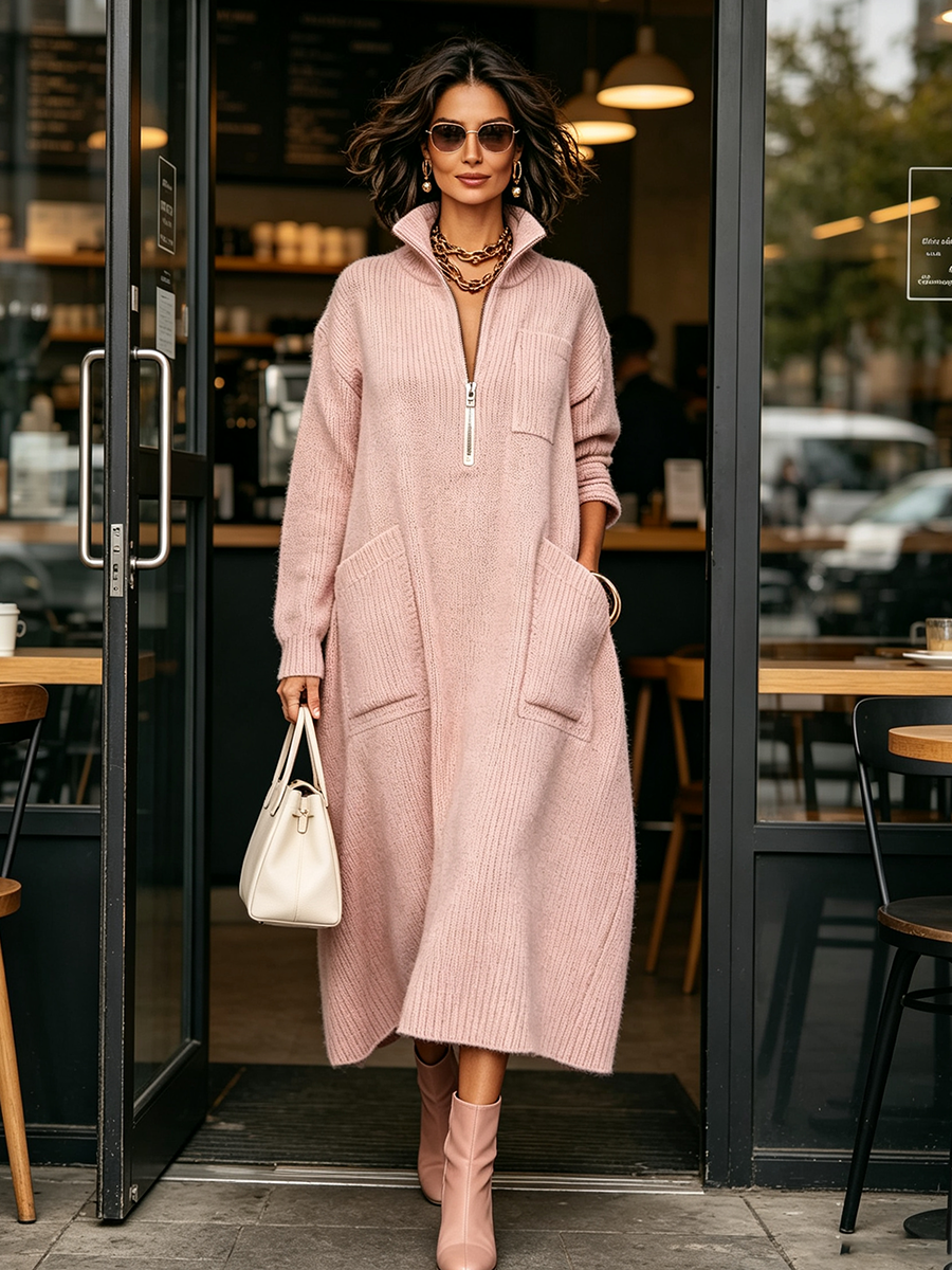 MILAGROS | Vestido Midi de Punto de Canalé con Cremallera y Cuello Alto