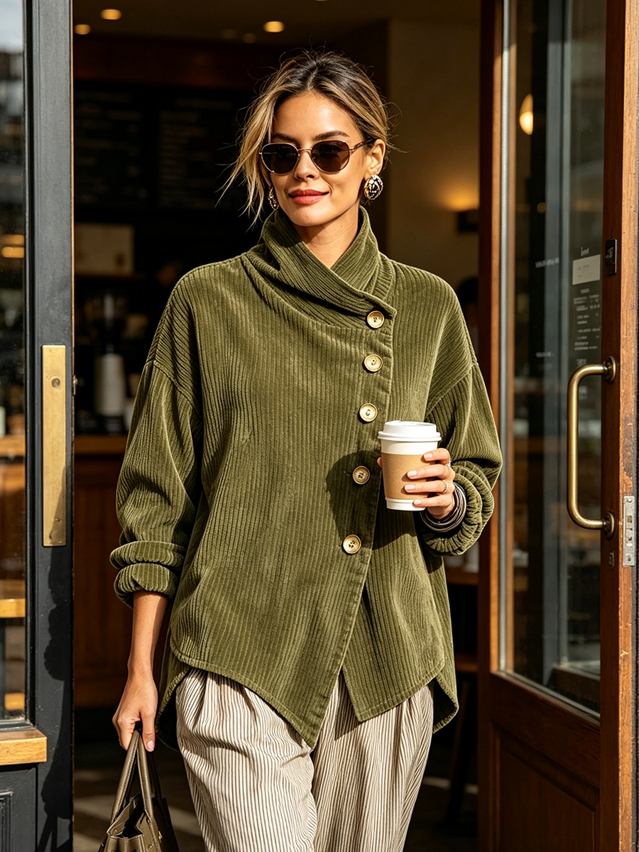 NURIA | Top de Pana con Cuello Alto y Botones Asimétricos