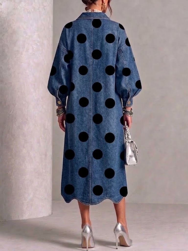 OFELIA | Vestido Midi Vaquero de Lunares con Botones Dorados