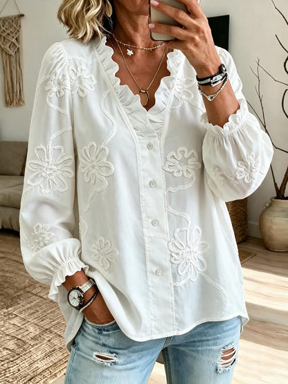 ISAURA | Camisa Blanca de Algodón con Bordados y Volantes