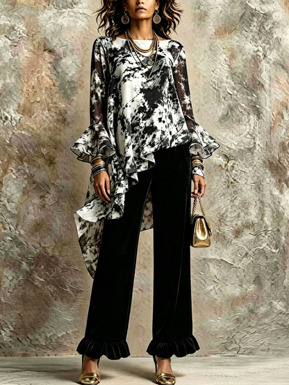 NIEVES | Conjunto de Túnica Asimétrica Tie-Dye y Pantalón con Volante