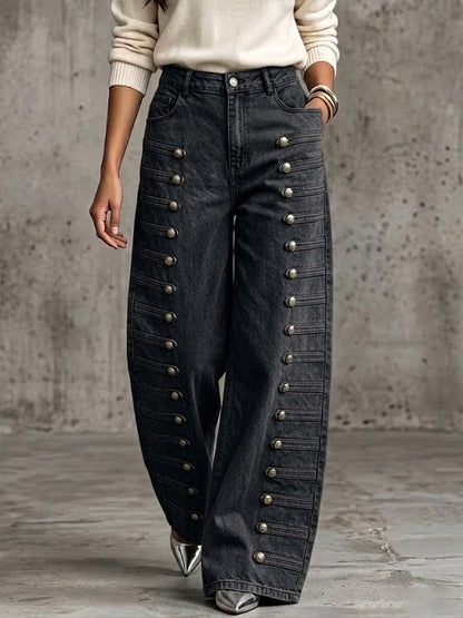 LIDIA | Vaqueros de Pierna Ancha con Botones Metálicos Estilo Militar