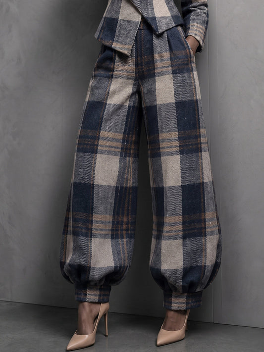 LEIRE | Pantalón de Cuadros de Talle Alto con Bajo Fruncido